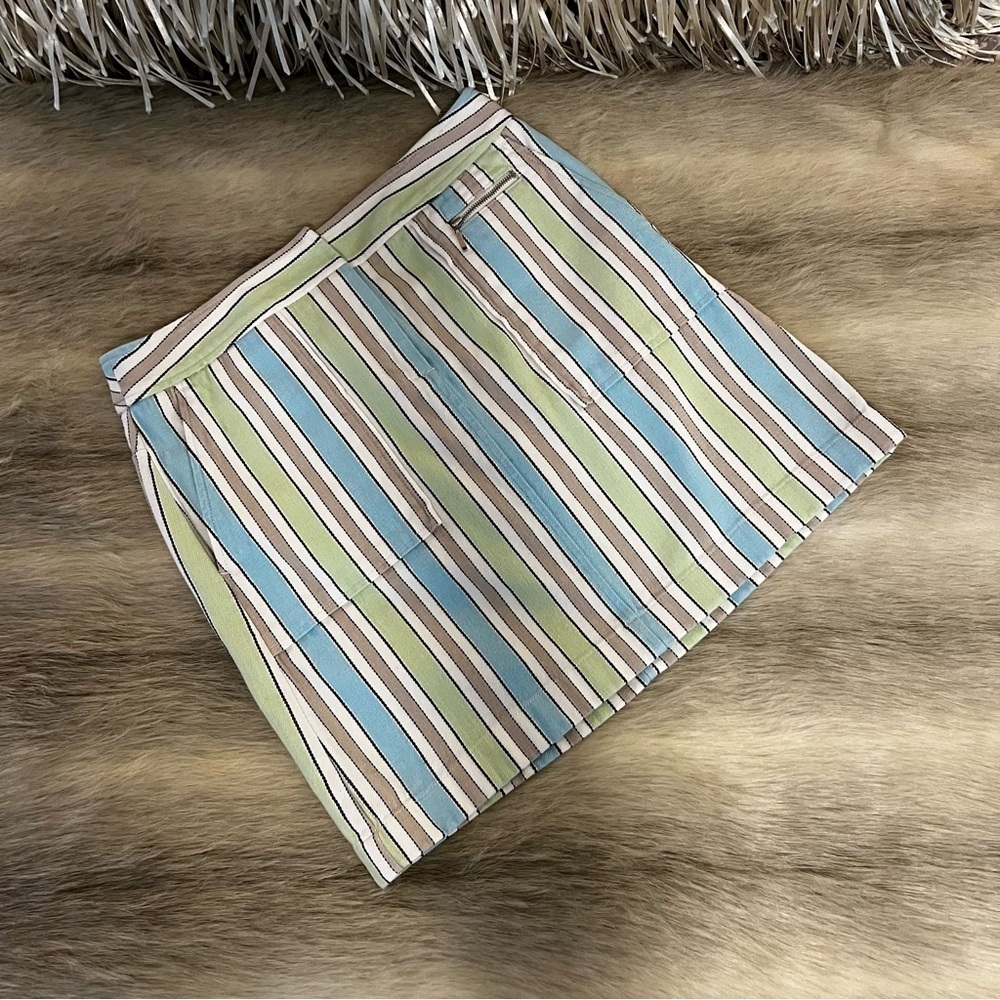 ANN TAYLOR 4 Denim Pastel Stripe Blue Green Zippers Pockets Casual Pencil Skirt